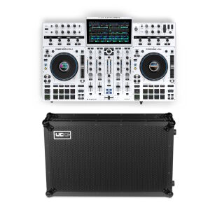 Denon DJ PRIME 4+ WHITE Limited Edition & UDG Ultimate Flight Case Denon Prime 4+ Black Plus (Wheels)
